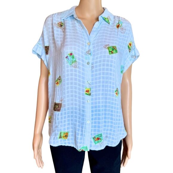 Anthropologie Jane & Delancey Light Blue Postage Print Button Up Top Medium - Picture 2 of 7